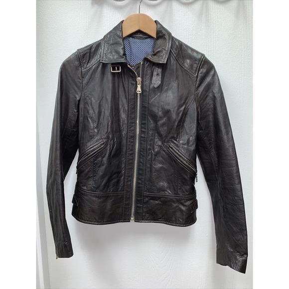 MASSIMO DUTTI SIZE SMALL WOMENS Dark Brown GENUINE LEATHER BIKER JACKET COAT